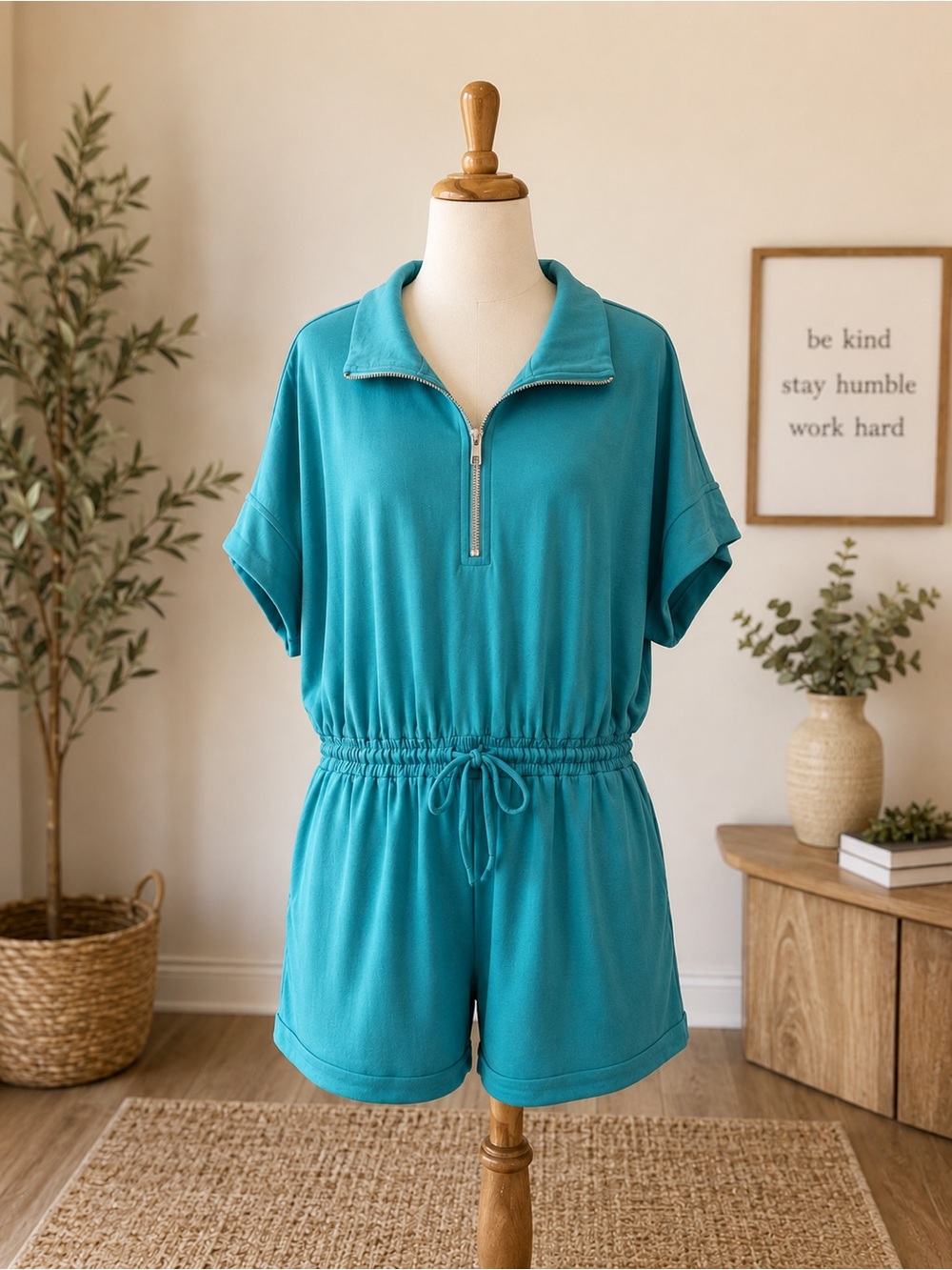 Umgee Teal Quarter Zip Romper NWT Pockets Stretch XL 1X Boutique